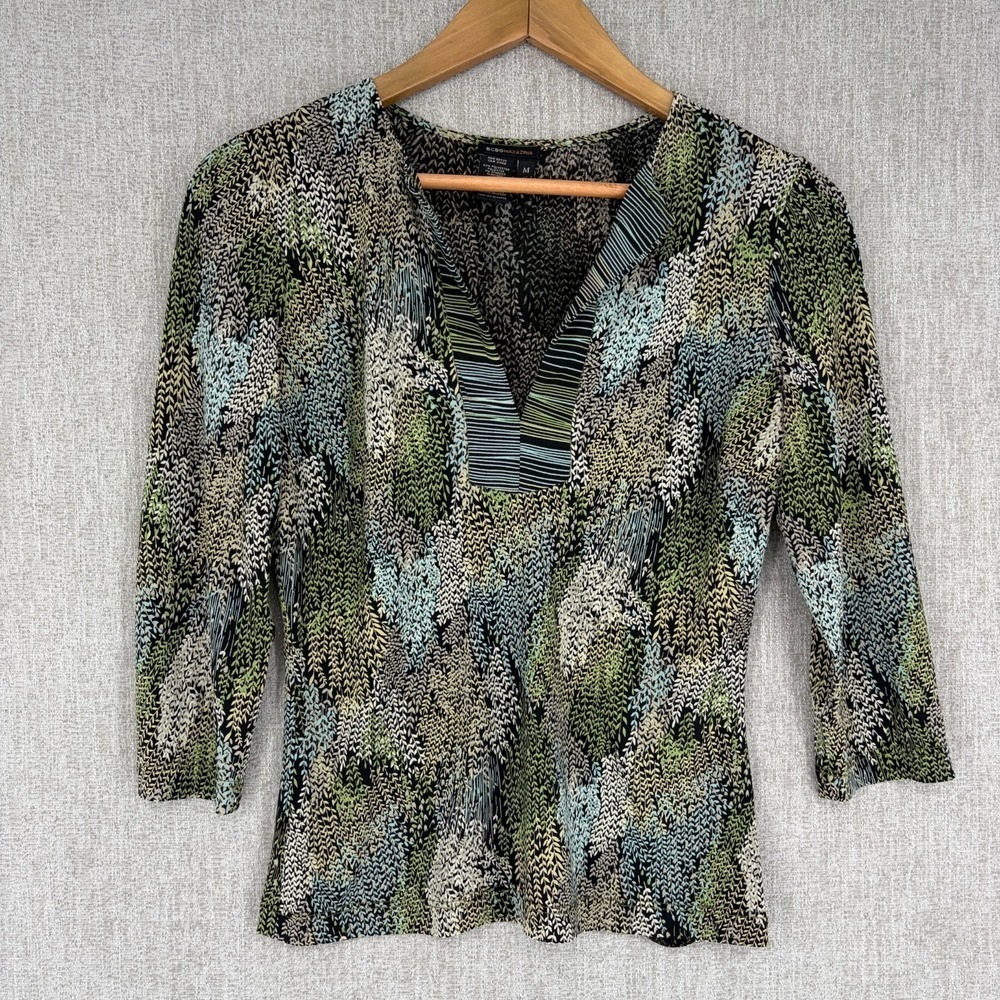 BCBGMAXAZRIA Abstract Print V-Neck Blouse Women Size M Green Multi 3/4 Sleeve
